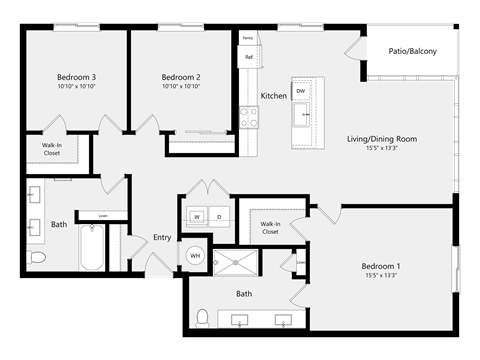 Floor plan for 3 beds, 2 baths, 1302 sqft